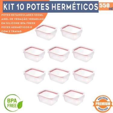 Imagem de Kit 10 Potes Herméticos Porta Frios Retangulares 550ml com Travas Late