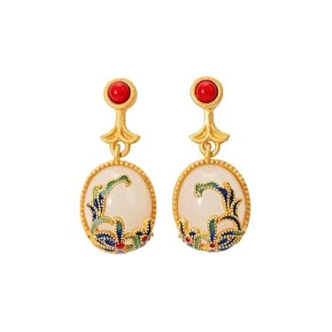 Imagem de DIAMANTIO Brincos pendentes de esmalte vintage banhados a ouro 18K – Brincos pendentes inspirados em pedra preciosa oval com detalhe floral vermelho e azul