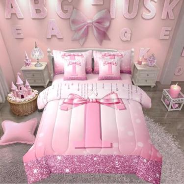 Imagem de Erosebridal Conjunto de cama casal com inicial T de 7 peças, cama de laço rosa feminino em uma bolsa, conjunto de edredom com laço de glitter, com lençóis, letras do alfabeto, para meninas