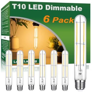 Imagem de Vinaco Lâmpada LED T10 2700K branco quente, pacote com 6 T30 LED regulável tubular 600 lm, vidro transparente LED T30 lâmpada de filamento base E26 6W equivalente a 60W 120V, sem cintilação vintage