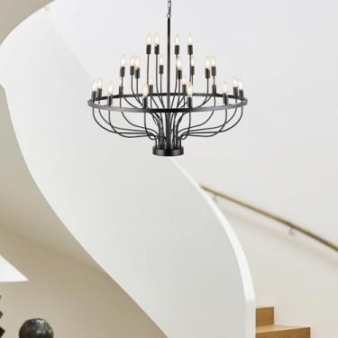 Imagem de XILICON Lustre preto maior 24 luzes industrial vintage luminária suspensa no teto vela moderna lustres de ferro redondo industrial lustres de roda de vagão lustre iluminação para sala de jantar sala