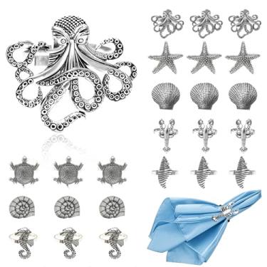 Imagem de Davifina Conjunto de 24 Porta-Guardanapos com Tema de Oceano, Estrela Do Mar, Concha, Lagosta, Tartaruga Marinha, Porta-Guardanapos para Casa, Casamento, Verão, Praia, Festa de Fer (, Prata Antiga)