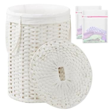 Imagem de SETVSON Cesto de roupa suja com tampa, cesto de roupa suja redondo de vime com tampa e alças 110 L, cesta tecida à mão com sacos removíveis e 2 sacos de malha para banheiro, sala de estar, branco