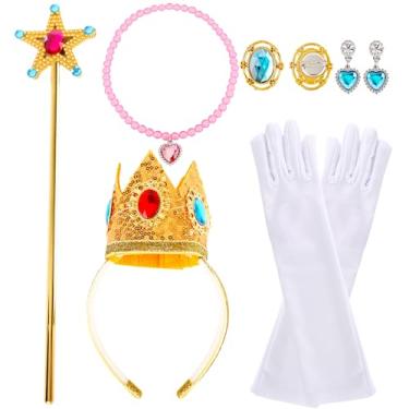 Imagem de Swakuta 6 Pcs Princess Dress Up Accessories Set Includes Tiara Crown Headband, Wand, Gloves, Necklace, Earrings and Brooch for Girls Women Peach Costume Halloween Cosplay Party