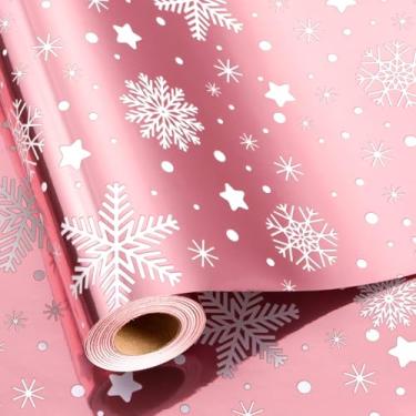 Imagem de Retrify Papel de embrulho de Natal - Mini rolo de 43 cm x 80 metros - floco de neve branco com linhas de corte de grade, papel de embrulho rosa para presente para celebração de festas de chá de Natal