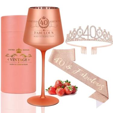 Imagem de Cyrelwing Presentes de aniversário de 40 anos para mulheres, taça de vinho vintage gravada 40, decorações de aniversário de 40 anos para ela, faixa e tiara fabulosas para mulheres, amigas, itens para