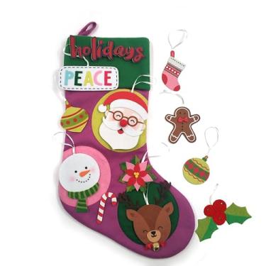 Imagem de Meias de Natal de feltro de 53 cm, meia grande de Natal com 7 etiquetas DIY, decorações de Natal para decoração de cornija de lareira de festa de férias em família (Roxo)