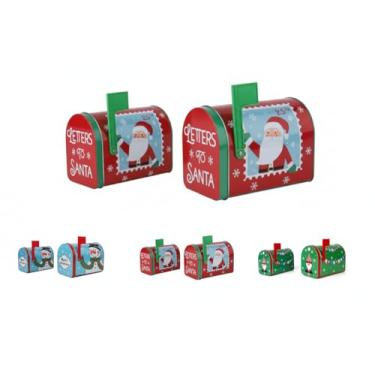 Imagem de DAHO Conjunto de 2 tamanhos de latas de caixa de correio decorativas de Natal/férias, Feliz Natal, Papai Noel, boneco de neve, designs de gnomo para artesanato, presentes, guloseimas, doces, biscoitos
