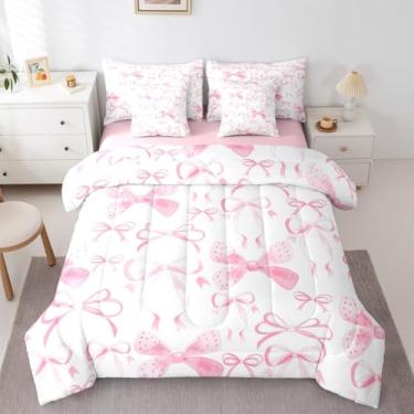 Imagem de Feelyou Conjunto de edredom com laço rosa, 7 peças, tamanho casal, fofo, com laço, para crianças, meninos, meninas, decoração de quarto kawaii, respirável, macio e leve de microfibra