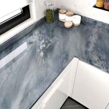 Imagem de EPPKILY Papel de contato de mármore azul para bancadas, papel de parede de mármore azul autoadesivo removível para cozinha armário de cozinha mesa de envoltório de vinil 40 cm × 395 cm