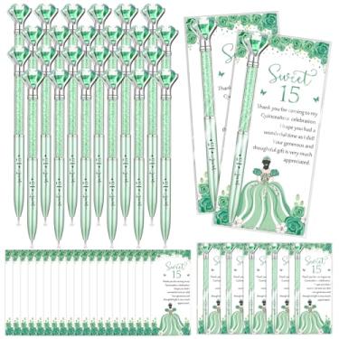 Imagem de Sayglossy 50 conjuntos de lembrancinhas de festa de quinze anos, presentes de agradecimento, grandes canetas de diamante de cristal com cartões de agradecimento, canetas esferográficas retráteis, 15