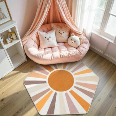 Imagem de STARUIA Boho Tapete de berçário hexagonal lavável arco-íris para barraca de princesa, castelo de brincar, sol colorido de 1,4 m para sala de jogos, tapete ultramacio para quarto de meninas, meninos