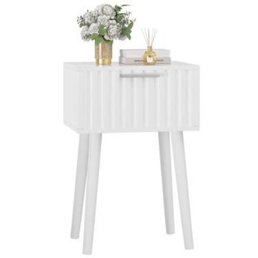 Imagem de YMYNY Mesa de cabeceira canelada, mesa de canto pequena, mesa de centro moderna com gaveta, pernas de madeira maciça, 35 x 27 x 53 cm, para quarto e espaços pequenos, branco UHST014W