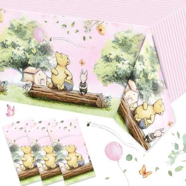 Imagem de 3 peças toalhas de mesa de chá de bebê rosa clássicas, decorações de festa de primeiro aniversário para crianças, meninas, tema Ursinho Pooh, material de festa descartável para convidados (rosa)
