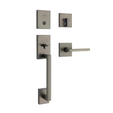 Imagem de Kwikset Conjunto de maçaneta e fechadura de porta dianteira San Clemente, maçaneta de entrada externa com alavanca interna reversível, bronze metálico, resistente a picaretas SmartKey Rekey Deadbolt