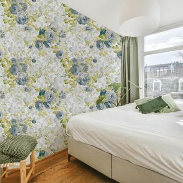 Imagem de ESSMOKO Papel de parede fresco e elegante flor azul e folha verde PVC autoadesivo papel de parede impermeável para loja quarto banheiro decoração de fundo adesivos azul verde 45 * 600 cm