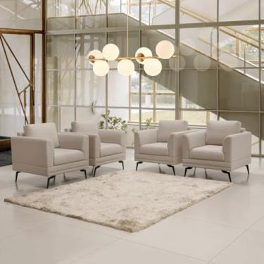 Imagem de Conjunto 4 Poltronas Poemme Acabamento Linho Premium Bege Estilo Retrô Com Pés De Ferro
