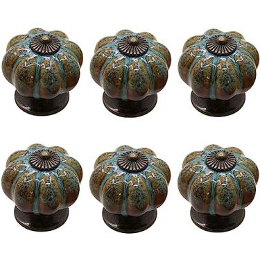 Imagem de Puxador criativo para móveis - Puxadores de armário de abóbora de cerâmica, conjunto de 6, puxador de gaveta com estampa de leopardo de porcelana rústica (azul)