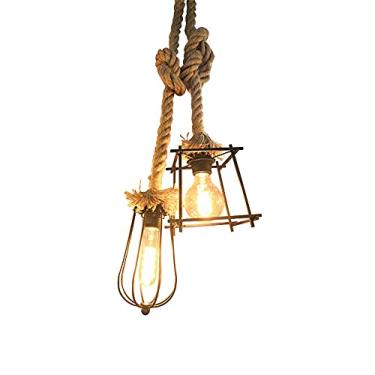 Imagem de YQSLQZZ Luminária pendente vintage de casa de fazenda de 2 luzes, luzes de teto penduradas na ilha da cozinha da sala de jantar industrial americana, lustre de corda de cânhamo ajustável em altura