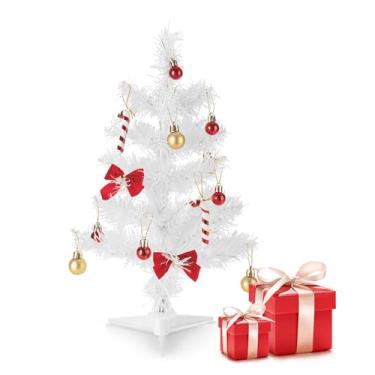 Imagem de Stopsad Mini árvore de Natal artificial de 45,7 cm, pequena árvore de Natal com pontas de galhos realistas, pequena árvore de Natal de mesa com base de plástico, decoração de feriado branca para