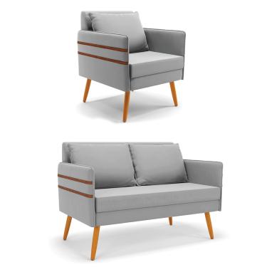 Imagem de Kit 1 Namoradeira 02 Lugares e 1 Poltrona Mari Suede Cinza Pés Palito Castanho - D'Rossi