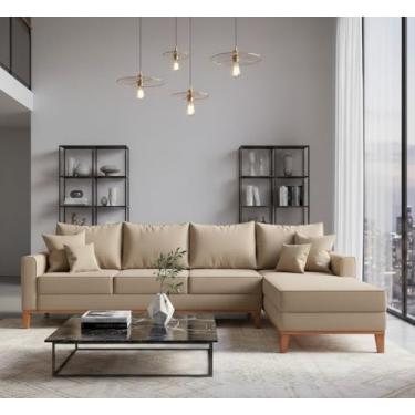 Imagem de Sofá Beny com Chaise Direita, 2,60x1,40m, 4 Lugares, Linho, Base em Madeira. (Bege)