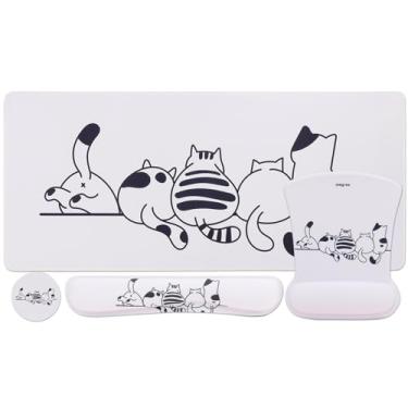 Imagem de MEGREZ Conjunto de suporte de pulso ergonômico 4 em 1 de espuma de memória, tapete de mesa + mouse pad com descanso de pulso + descanso de pulso para teclado + porta-copos, teclado e mouse pad para