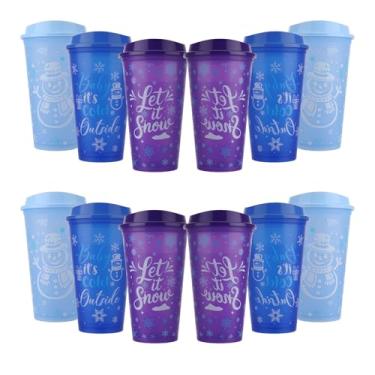 Imagem de Ovveroche 12 peças de copos de plástico que mudam de cor de inverno com tampas, xícaras de café quente reutilizáveis de 473 ml para festa de aniversário de inverno e Natal