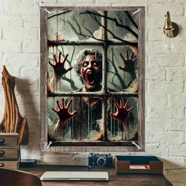 Imagem de BlissYard Banner de capa de janela de Halloween cena de terror de zumbi 78 x 119 cm decoração de janela assustadora faixa de pendurar na parede suporte de casa assombrada ao ar livre decoração de