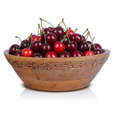 Imagem de Mela Artisans Fruteira de madeira | Acabamento queimado médio | Tigela de servir madeira de manga de 23 cm com almofadas de feltro | Multiuso para bancada de cozinha | Salada | Lanches | Pães e mais |