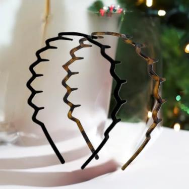 Imagem de 2 faixas de cabelo em ziguezague com dentes de tubarão em forma de reciclado, forma de dente ondulado, elástico, cor doce, acessórios clássicos para pente de cabelo (preto e cáqui)