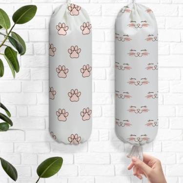 Imagem de 2 peças de suporte de saco plástico com pegadas de gato com rosto sorridente fofo para sacolas de supermercado, suporte de parede reutilizável, suporte organizador para armário de cozinha, presentes