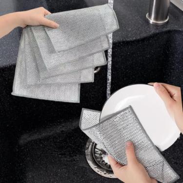 Imagem de 5 PCSN em fio de arranhão pano de prato panos de lavar louça panos laváveis panos de limpeza esfregão de aço para pias (conjunto de 5 unidades)