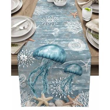 Imagem de Caminho de mesa de água-viva 33 x 183 cm de comprimento estrela do mar coral concha corredor de jantar cozinha decoração de mesa de jantar para decoração de festa em casa