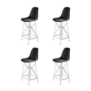 Imagem de Kit 4 Banquetas Bistrô Alta Eames Preta Base Ferro Branco - Cor: Preto
