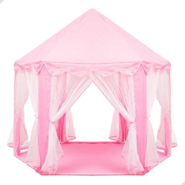 Imagem de Cabana Infantil Tipo Castelo com Cortina Telada 135x140cm | Tenda Toca de Brincar para Meninos ou Meninas Dobrável, Leve e Portátil | Casinha cabaninha infantil (Rosa)