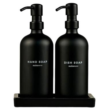 Imagem de Maisonovo Conjunto de dispensador de sabão de cozinha | Conjunto de dispensador de sabão para mãos e louças com bandeja de cerâmica artesanal e 16 etiquetas à prova d'água | Garrafas de vidro preto e