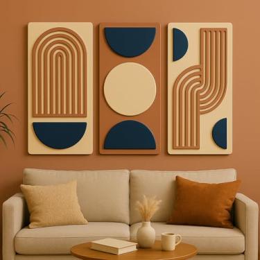Imagem de Conjunto Trio de Quadros Decorativos abstrato Geométrico Sala Escritório Quarto em MDF e relevo 3D(Castanho e Azul)