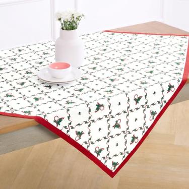 Imagem de Solino Home Toalha de mesa de Natal 100% linho puro 132 x 132 cm - manta de mesa vermelha e verde - feita à mão e lavável na máquina - Toalha de mesa quadrada com estampa de fita de azevinho