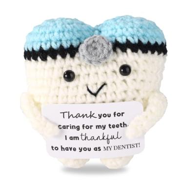 Imagem de Boneca de Dente Positiva, Dente de Tricô Fofo Emocional com Cartão Encorajador para Assistentes Dentista Dentistas e Estudantes Odontologia e Decoração Mesa Escritório em Casa