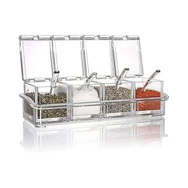 Imagem de Porta Temperos Em Acrílico com 4 Potes, Policarbonato Transparente, 60mL Cada, com Colheres, Organizador de Condimentos para Cozinha, 7x6x8cm