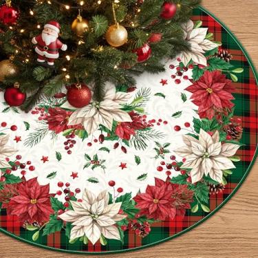 Imagem de Saia de árvore de Natal, boneco de neve, decoração de árvore de Natal, xadrez, buffalo, xadrez, enfeites de saia de árvore de Natal para festas de fim de ano, decoração interna de casa (verde, 91 cm)
