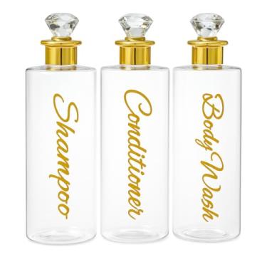 Imagem de uMadeUs Dispensador de xampu e condicionador – Garrafas essenciais de higiene – Shampoo recarregável para chuveiro e sabonete líquido, Diamante transparente redondo, Large, Moderna