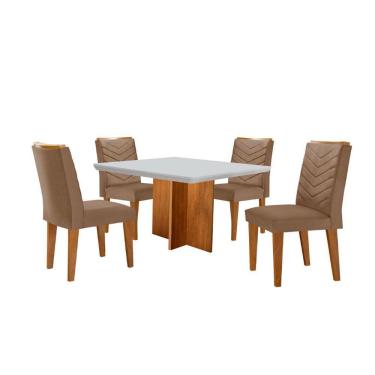 Imagem de Conjunto Mesa Olímpia 90cm Tampo Mdf 4 Cadeiras Liz Moderna Veludo Capuccino Off White Imbuia