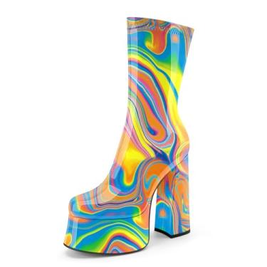 Imagem de Perisis Bota feminina de cano curto com plataforma GoGo, salto alto, redondo, com zíper, de couro, cano médio, para festa rave, Patente de arco-íris gradiente, 38