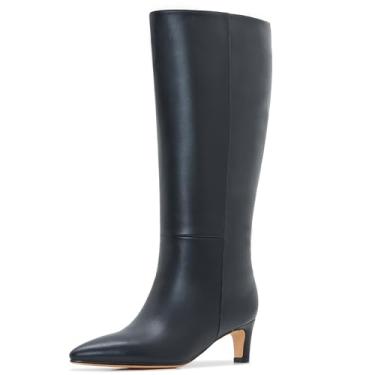 Imagem de Aizhenzm Botas femininas de cano alto com bico fino e salto gatinho, salto baixo plus size, Preto, 7 Wide
