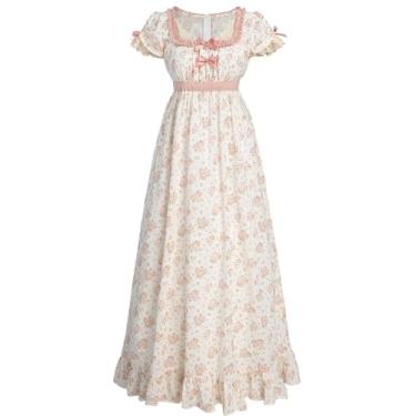 Imagem de NSPSTT Vestido de cintura império Regency vestido de baile para mulheres, trajes renascentistas Cottagecore com luvas, Rosa floral, GG