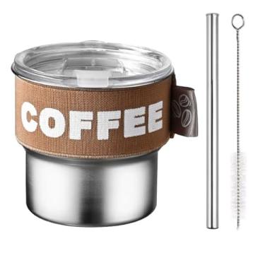 Imagem de ERCRYSTO Copo de café de aço inoxidável com tampa à prova de vazamento - copo portátil de 382 g com canudo reutilizável, faixa de aderência e escova de nylon, tampa multiuso para beber ou canudo