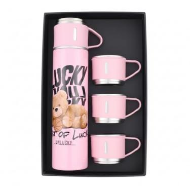 Imagem de Kit Garrafa Térmica Rosa com Urso Fofo com 3 Xícaras, Estilo Decorativo, Aço Inoxidável Isolamento Duplo 500ml, Mantém Quente ou Frio