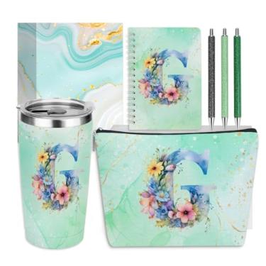 Imagem de Presentes personalizados monograma de aniversário para mulheres, Mentor Employee Boss Day Christmas Initial 597.0 g Tumbler, bolsa de maquiagem, copo canetas esferográficas, diário, caderno 6, (flor